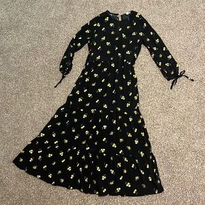 Free Assembly Long Floral Navy Blue Dress Long Sleeve Women’s Size XS